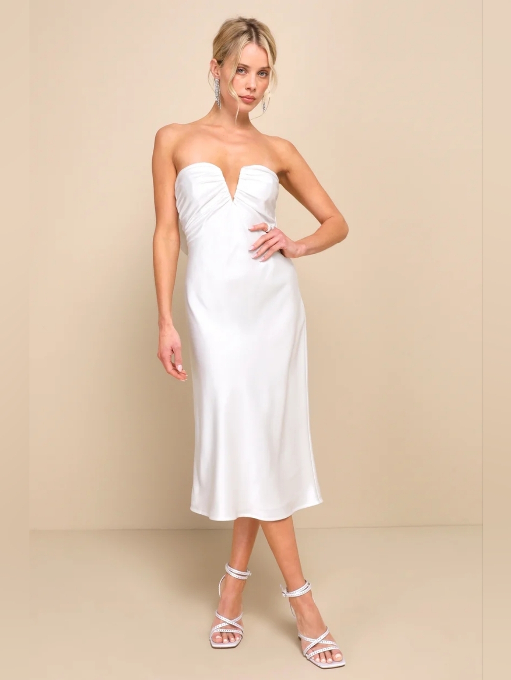 Lulus Luxe Crush White Satin Rhinestone Bow Strapless Midi Dress XL Wedding - Picture 3 of 11